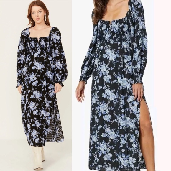 NWT $168 Free People Jaymes Midi Dress Floral Printed Blue Black Combo Sz XS - Picture 1 of 16